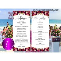 Floral Burgundy Wedding Program tea length template,(032w)